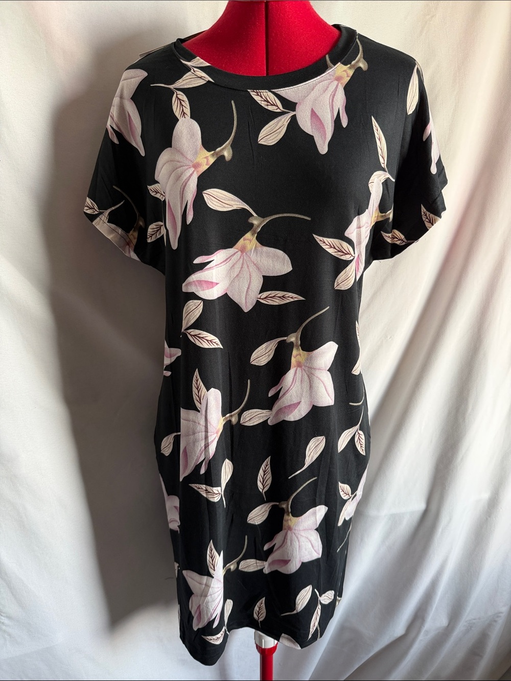 Black Floral Mini Dress with Pink Magnolia Print
